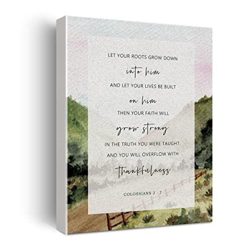 Bible Verse Canvas Print Decor Let Your Roots Grow Down Colossians 2:7 Wall Painting Posters Artwork 12”X15” Watercolor Home Office Decoration (Framed)