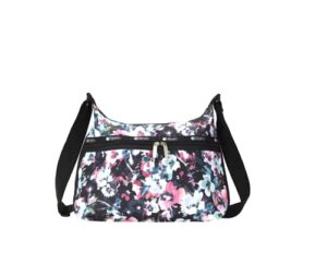 lesportsac sweet petals large hobo crossbody bag, style 3710/color e457, romantic modern watercolor inspired floral, artfully arranged flower blooms in raspberry, navy, aqua & white, large carryall