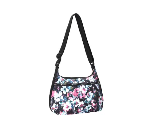 LeSportsac Sweet Petals Large Hobo Crossbody Bag, Style 3710/Color E457, Romantic Modern Watercolor Inspired Floral, Artfully Arranged Flower Blooms in Raspberry, Navy, Aqua & White, Large Carryall