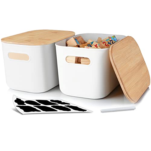 Citylife 2 PCS Storage Bins with Bamboo Lids Plastic Storage Containers for Organizing Stackable Storage Box with Handle, 10.12 x 6.97 x 6.22 inch