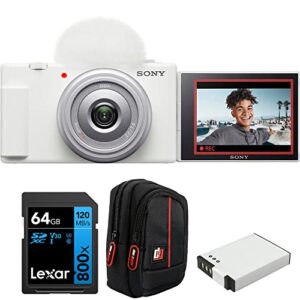 sony zv-1f vlog camera for content creators and vloggers white bundle with lexar 64gb high-performance 800x uhs-i sdhc memory card + camera case + 1400 mah battery pack