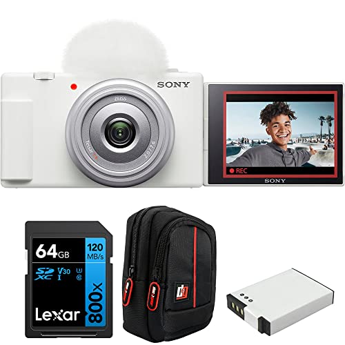 Sony ZV-1F Vlog Camera for Content Creators and Vloggers White Bundle with Lexar 64GB High-Performance 800x UHS-I SDHC Memory Card + Camera Case + 1400 mAh Battery Pack