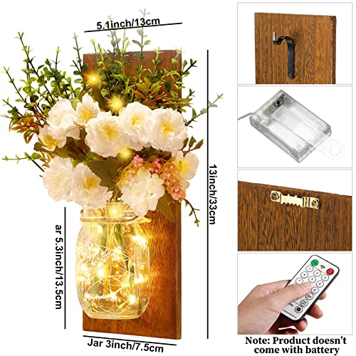 Treela 4 Packs Mason Jar Sconces Wall Decor Rustic Wall Sconces with Remote Control LED Fairy Lights and White Peony Handmade Hanging Mason Jars for Farmhouse Kitchen Living Room Decorations