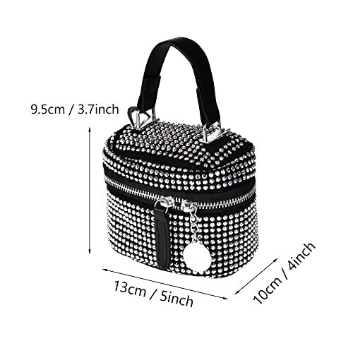 Eiyye Rhinestones Small Purse with Chain, Crossbody Handbag Mini Bucket Bag, Black Clutch Purse Rhinestones Tote Bag with Top Handle