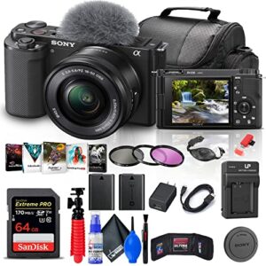 sony zv-e10 mirrorless camera with 16-50mm lens (black) (ilczv-e10l/b) + 64gb memory card + filter kit + corel photo software + bag + npf-w50 battery + external charger + card reader + more (renewed)