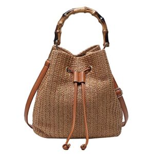 women straw shoulder bag beach woven tote bag crossbody bucket handbags summer handmade hobo purse bamboo handle (c)
