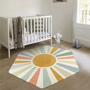 STARUIA Hexagon Sun Boho Rug for Entryway,4'x 4'7"Washable Colorful Nursery Rug for Kids Room,Ultra Soft Non-Slip Carpet Indoor Play Mat for Classroom Living Room