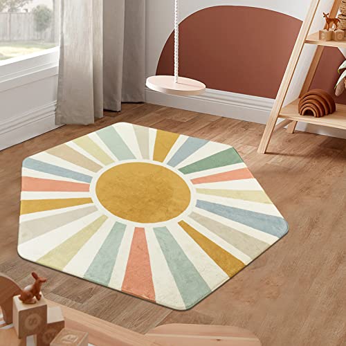 STARUIA Hexagon Sun Boho Rug for Entryway,4'x 4'7"Washable Colorful Nursery Rug for Kids Room,Ultra Soft Non-Slip Carpet Indoor Play Mat for Classroom Living Room