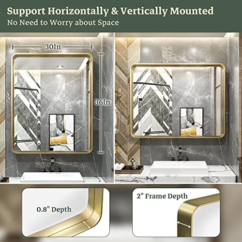 TokeShimi Gold Bathroom Mirror for Wall 36 x 30 Inch Metal Rounded Corner Rectangle Mirror Metal Frame Deep Set Design Hangs Horizontal Or Vertical