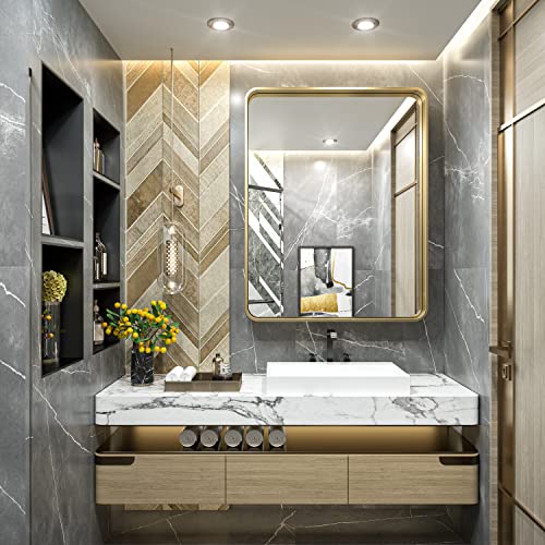 TokeShimi Gold Bathroom Mirror for Wall 36 x 30 Inch Metal Rounded Corner Rectangle Mirror Metal Frame Deep Set Design Hangs Horizontal Or Vertical