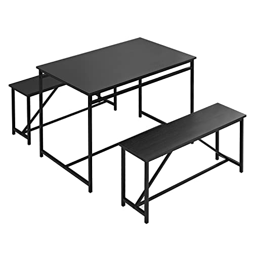 Panana 3 Piece Dining Room Table Set 43 Inch Kitchen Table with Two Benches Breakfast Table with Metal Frame Dining Room Home Black