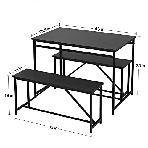 Panana 3 Piece Dining Room Table Set 43 Inch Kitchen Table with Two Benches Breakfast Table with Metal Frame Dining Room Home Black