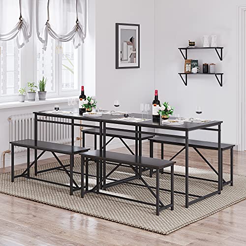 Panana 3 Piece Dining Room Table Set 43 Inch Kitchen Table with Two Benches Breakfast Table with Metal Frame Dining Room Home Black