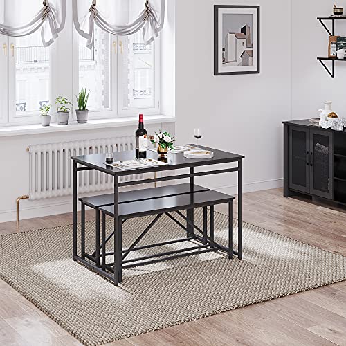 Panana 3 Piece Dining Room Table Set 43 Inch Kitchen Table with Two Benches Breakfast Table with Metal Frame Dining Room Home Black