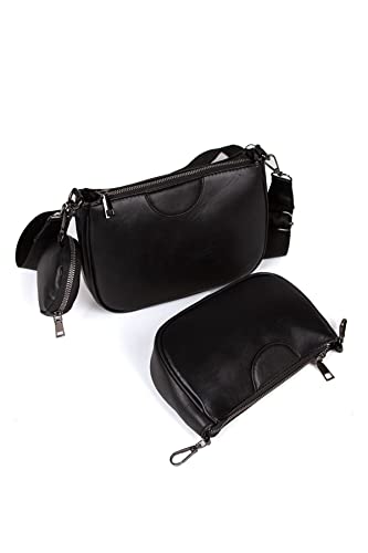 Women's Genuine Leather Hand Wallet and Shoulder Bag | Crossbody Bag for Women | 3 Pieces Tote Bag | Satchel Purse Set (Black)