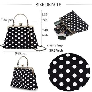 Abuyall Floral Top Handle Handbag Chain Strap Women Kiss Lock Canvas Frame Shoulder Bag White-polka-dot