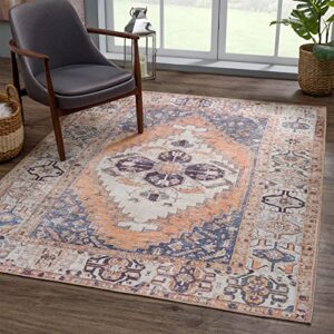 bloom rugs washable 3×5 rug – orange/blue/beige traditional, distressed area rug for living room, bedroom, dining room and kitchen – exact size: 3′ x 5′