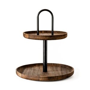 stakk two tiered tray stand – modern farmhouse decor, rustic home decor & kitchen decor – black metal & brown wood, 2 tier tray