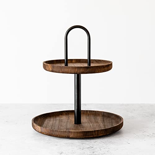 STAKK Two Tiered Tray Stand - Modern Farmhouse Decor, Rustic Home Decor & Kitchen Decor - Black Metal & Brown Wood, 2 Tier Tray