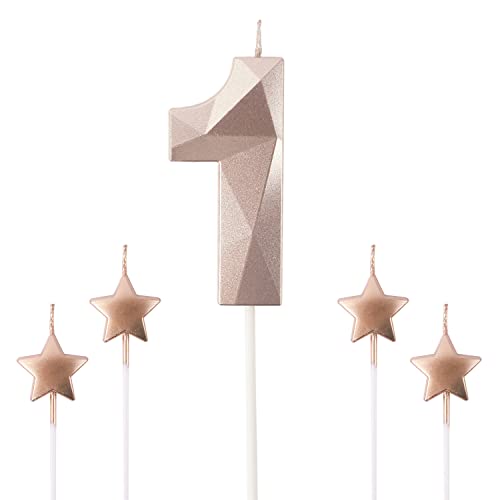 Rose Gold Number 1 Birthday Candles and Star Birthday Candles 2.76 inch Birthday Cake Candles 3D Diamond Shaped Candles are Suitable for Birthday Parties and Anniversary Cake Decorations Candles