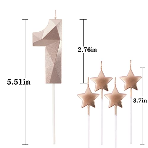 Rose Gold Number 1 Birthday Candles and Star Birthday Candles 2.76 inch Birthday Cake Candles 3D Diamond Shaped Candles are Suitable for Birthday Parties and Anniversary Cake Decorations Candles