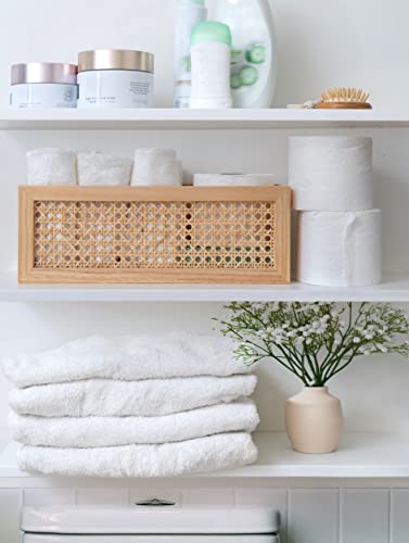 Wood Floating Shelf Rattan Shelve Wall Décor with Towel Rack for Kitchen - Bathroom - Living Room - Laundry Room & Bedroom - Wood Floating Shelves for Wall - Natural Wood Shelves - Rattan Wall Shelf