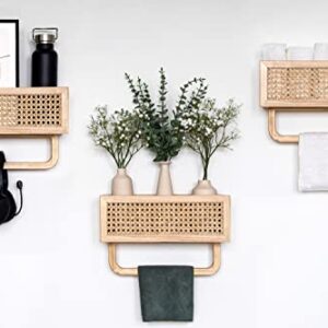 Wood Floating Shelf Rattan Shelve Wall Décor with Towel Rack for Kitchen - Bathroom - Living Room - Laundry Room & Bedroom - Wood Floating Shelves for Wall - Natural Wood Shelves - Rattan Wall Shelf