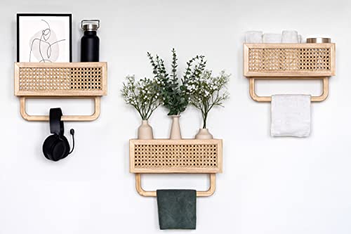 Wood Floating Shelf Rattan Shelve Wall Décor with Towel Rack for Kitchen - Bathroom - Living Room - Laundry Room & Bedroom - Wood Floating Shelves for Wall - Natural Wood Shelves - Rattan Wall Shelf