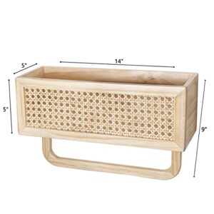 Wood Floating Shelf Rattan Shelve Wall Décor with Towel Rack for Kitchen - Bathroom - Living Room - Laundry Room & Bedroom - Wood Floating Shelves for Wall - Natural Wood Shelves - Rattan Wall Shelf