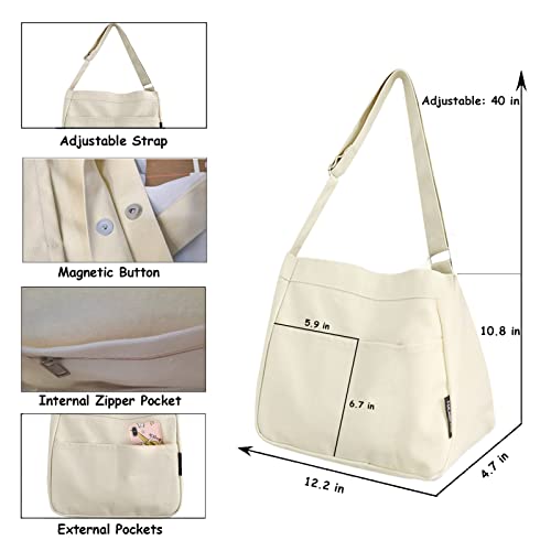 Tote Bags for Women & Canvas Shoulder Bag, Crossbody Bag with Magnetic Button & Zipper, Hand Bags & Large Tote Bag Aesthetic, White