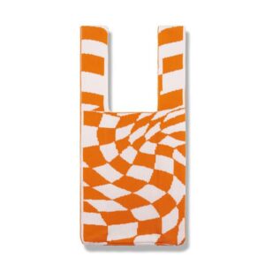 dvagoent irregular chess tote bag, knitted wool tote bag sweet and stylish shoulder bag women’s underarm bag jacquard bag (orange white)