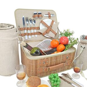 picnic basket for 2 with waterproof blanket and insulated wine pouch 18pcs picnic basket set hamper with full cutlery kit for two, family,couple,camping,outdoor,valentine day,wedding gift, birthday