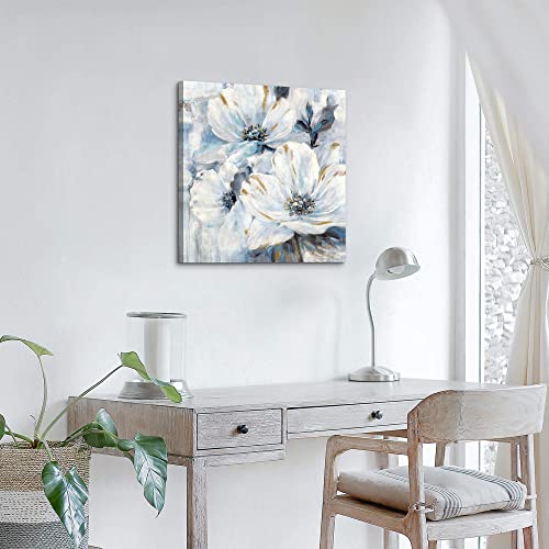 Abstract Floral Blue Wall Art: White Magnolia Canvas Artwork Gold Foil Flower Modern Painting Gray Watercolor Blossom Picture large Elegant Botanical Prints for Bathroom Bedroom Living Room