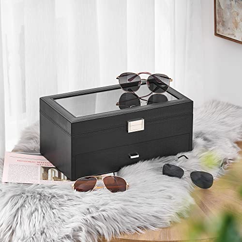 BEWISHOME Sunglasses Organizer, 12 Slots Sunglasses Case for Men, Eyeglasses Display Case with Clear Glass Top, Carbon Fiber Design,Black SSH48C