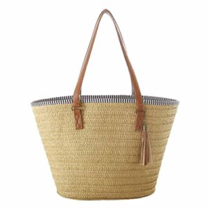 simple shoulder woven bag fashion tassel pendant straw bag beach women’s bag bamboo basket tote bag travel soft bags (color : beige)
