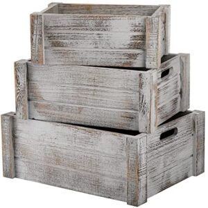 hacaroa 3 pack wood crates with handles, rustic nesting storage container box decorative wooden basket bins for fruit, vegetable, home, laundry, farmhouse, 3 sizes