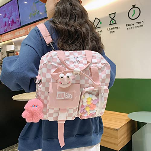 ASUYOERU Japanese Plaid Shoulder Backpack Korean Large Capacity Students Schoolbag, Pink, large 41*30*12cm