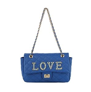 quilted crossbody bags for women, bling letter, multi color, classic flap (blue_love)