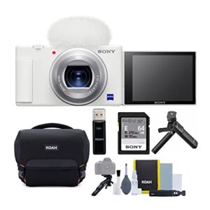 sony zv-1 compact 4k hd digital camera for content creators (white) bundle with sony accessory kit, memory card reader, camera bag with cleaning kit, and photo software (5 items)