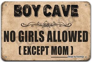 paximiga boy cave no girls allowed except mom tin retro look 8x12 inch decoration poster sign for home kitchen bathroom farm garden garage inspirational quotes wall decor, 8 x 12 inch