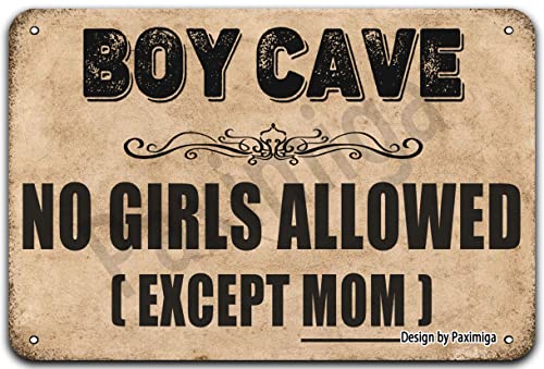 Paximiga Boy Cave No Girls Allowed Except Mom Tin Retro Look 8X12 Inch Decoration Poster Sign for Home Kitchen Bathroom Farm Garden Garage Inspirational Quotes Wall Decor, 8 x 12 Inch