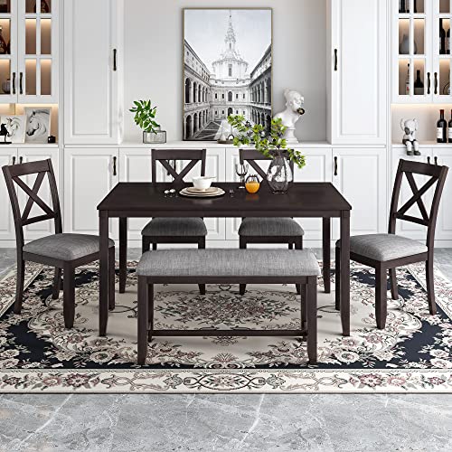 LUMISOL 6 Piece Counter Height Dining Table Set with Bench Farmhouse Style Kitchen Table and Chair Set for 6 with X-Back Chairs for Dining Room and Living Room