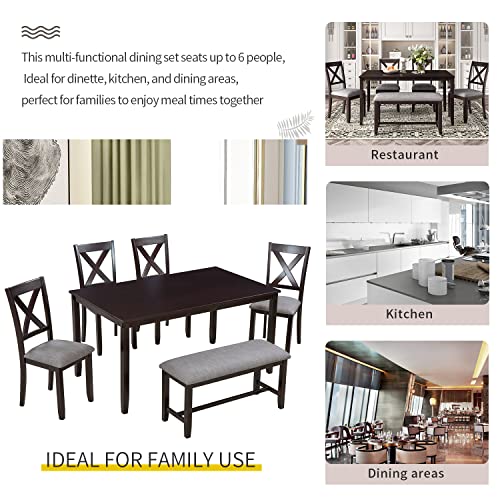 LUMISOL 6 Piece Counter Height Dining Table Set with Bench Farmhouse Style Kitchen Table and Chair Set for 6 with X-Back Chairs for Dining Room and Living Room