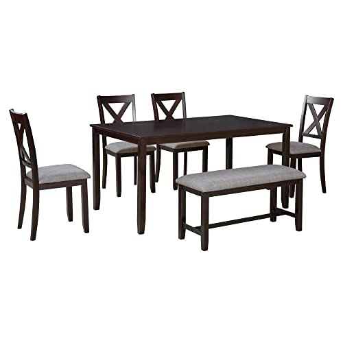 LUMISOL 6 Piece Counter Height Dining Table Set with Bench Farmhouse Style Kitchen Table and Chair Set for 6 with X-Back Chairs for Dining Room and Living Room