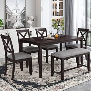 LUMISOL 6 Piece Counter Height Dining Table Set with Bench Farmhouse Style Kitchen Table and Chair Set for 6 with X-Back Chairs for Dining Room and Living Room