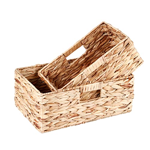 Wicker Basket Water Hyacinth Storage Basket for Organizing Decorative Woven Container for Shelving, Rectangle Basket with Built-in Handles Room Organizer