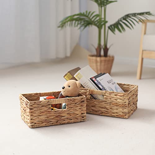 Wicker Basket Water Hyacinth Storage Basket for Organizing Decorative Woven Container for Shelving, Rectangle Basket with Built-in Handles Room Organizer