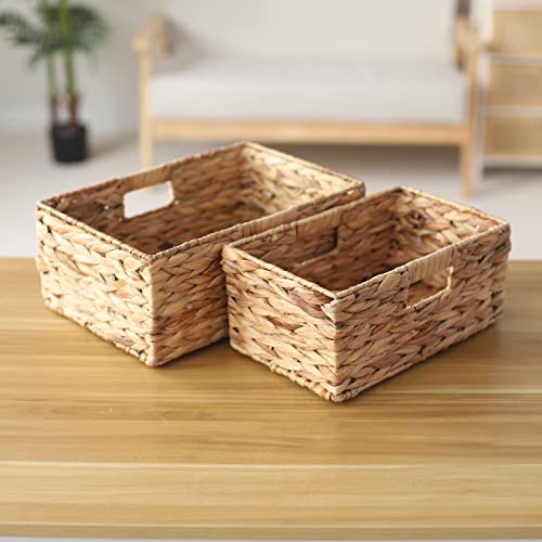 Wicker Basket Water Hyacinth Storage Basket for Organizing Decorative Woven Container for Shelving, Rectangle Basket with Built-in Handles Room Organizer