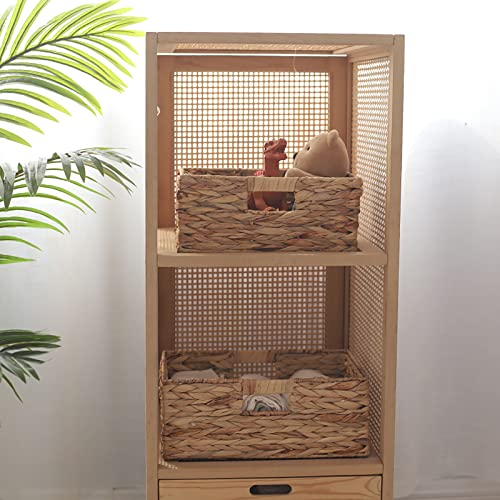 Wicker Basket Water Hyacinth Storage Basket for Organizing Decorative Woven Container for Shelving, Rectangle Basket with Built-in Handles Room Organizer