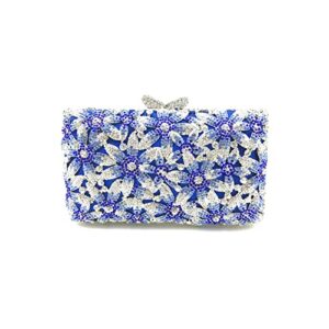 tngan women elegant floral evening bag hollow out rhinestone crystal clutch wedding party banquet bridal handbag, blue